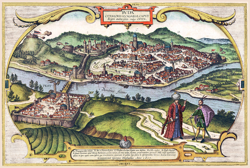 Gezicht op Boedapest 1617 Braun en Hogenberg